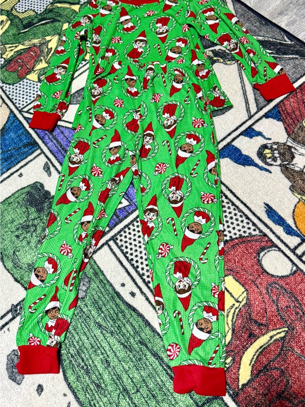Kids Christmas Elf On The Shelf Print Green Pajama Onesie with Red Cuffs